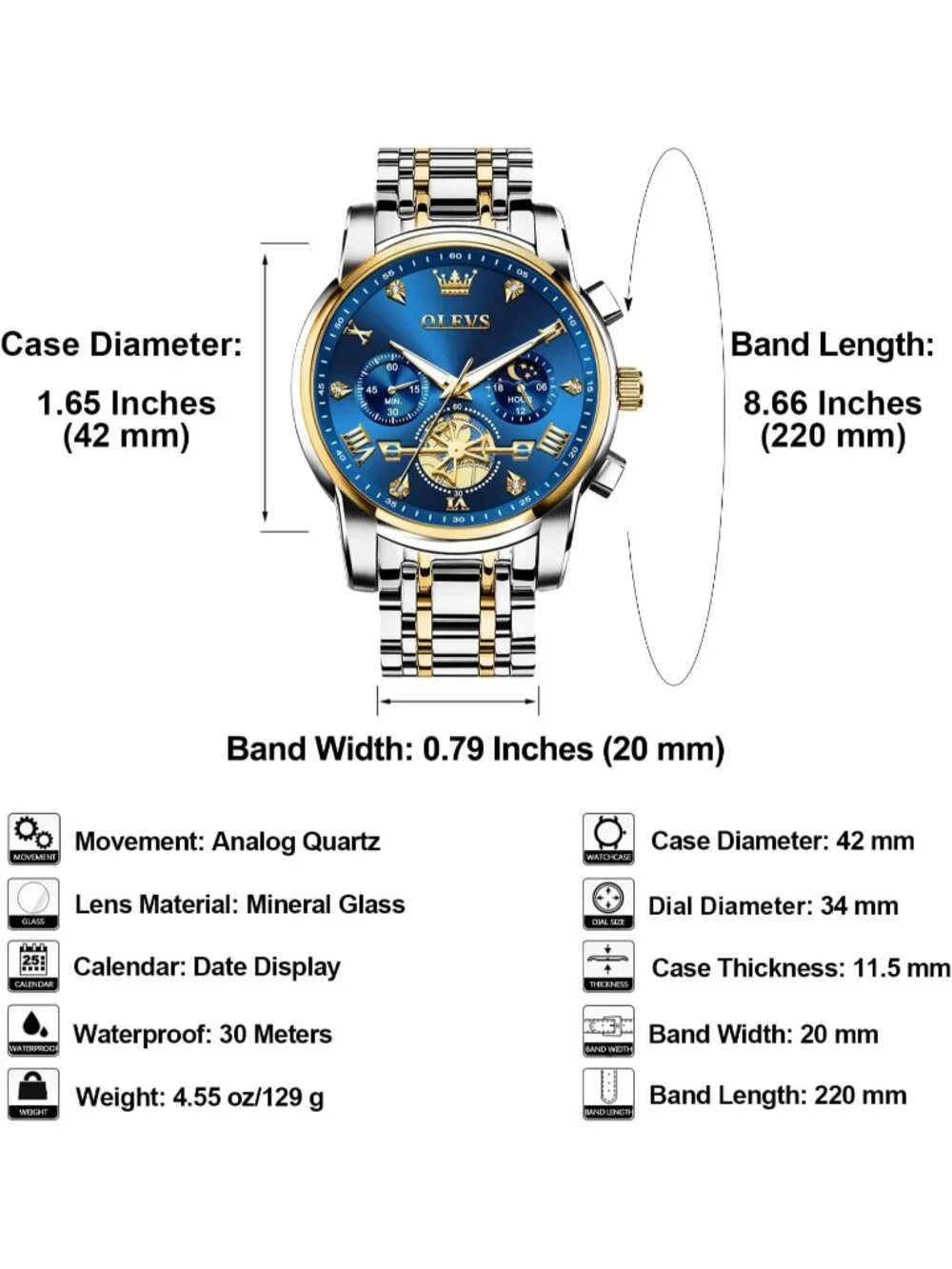 Men's Blue /Two-tone Stainless Steel Chronograph Waterproof Quartz Dress Watch